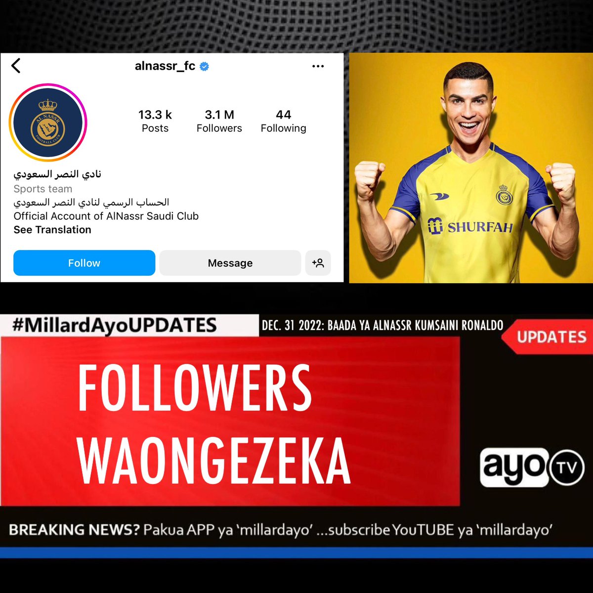 Club ya Al Nassr ya Saudi Arabia imepata ongezeko la Wafuasi zaidi ya milioni mbili kwenye mtandao wake wa Instagram ikiwa ni ndani ya saa 24 tu toka itangaze kumsajili Cristiano Ronaldo ambapo kabla ya hapo ilikua ina followers wasiofikia milioni 1. #MillardAyoSPORTS