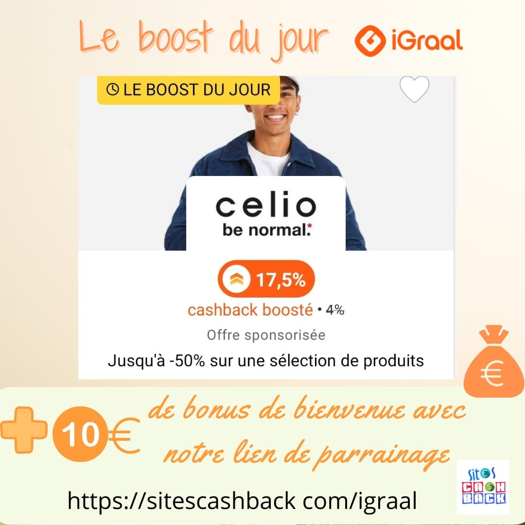 sitescashback's tweet photo. #cashbackboosté #igraal sur le site #celio + 10€ de #bonus avec notre lien #parrainage 
https://t.co/DyKTjunDHj 
#bonplan #promo #argent #bonsplans 
#cashbackfrance #economies https://t.co/UajdmGJmz1
