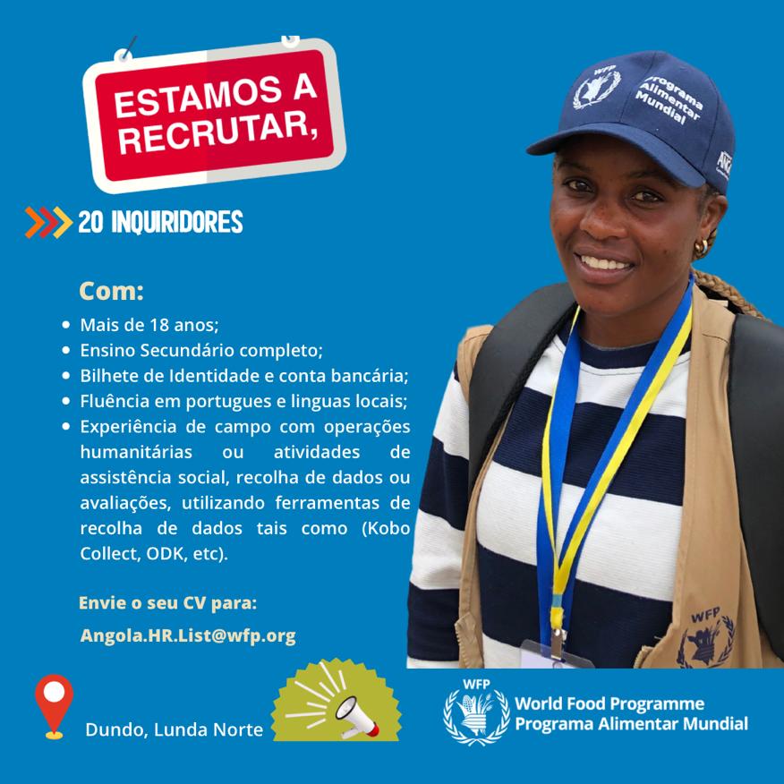 todipe's tweet photo. Família angolana! Vocês poderiam começar o ano novo a trabalhar para as @AngolaOnu! O Programa Alimentar Mundial (PAM) está a recrutar no Dundo (Lunda Norte), Huíla e Cahama (Cunene). #oportunidades https://t.co/iQjYIl1MZQ
