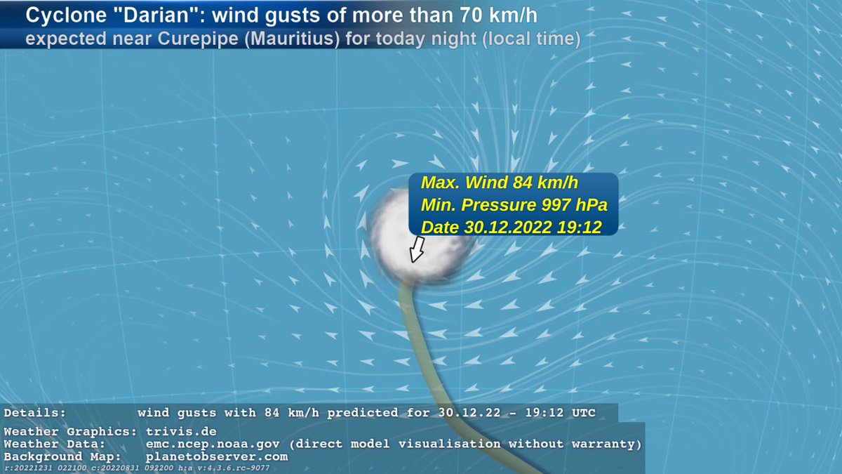 ASKMeteo's tweet photo. #weatherupdate on Cyclone "#Darian": EMC GFS data contains #weather of type "#StrongWind" with wind gusts of more than 70 km/h near #Curepipe (#Mauritius) for today night given in local time. The wind gusts with 84 km/h are expected for 30.12.22 - 19:12 UTC. https://t.co/NIa3DpVnLo