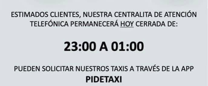 🚕🎄Esta noche hacemos un breve parón de centralita, podéis solicitar los taxis por nuestra app o en las paradas oficiales,para que nuestras compis puedan tomarse las uvas en familia. Pero a la 1:00 el 956212121 vuelve a estar operativo. ¡Feliz año!