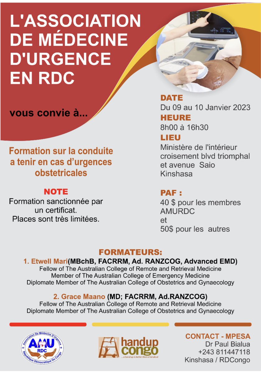 Formation sur la prise en charge des Urgences Obstétricales.

Dates: 09-10 Janvier 2023

Lieu: Kinshasa, Salle du Ministère de l’Intérieur

PAF: 40$

Détails: +243 811 447 118 info@amurdc.org

Bienvenue à tous!