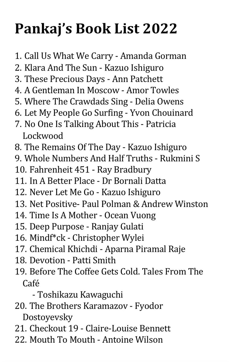 pankaj_p_sahni's tweet photo. Happy to report that I have kept up the reading - 22 in 2022.
#22in22 #booklist #read #books
@TheAmandaGorman @amortowles @TriciaLockwood @Rukmini @bornali_datta @PaulPolman @AndrewWinston @RanjayGulati @chrisinsilico @aparnapraje @antoinewilson https://t.co/BhnMXaxqlT