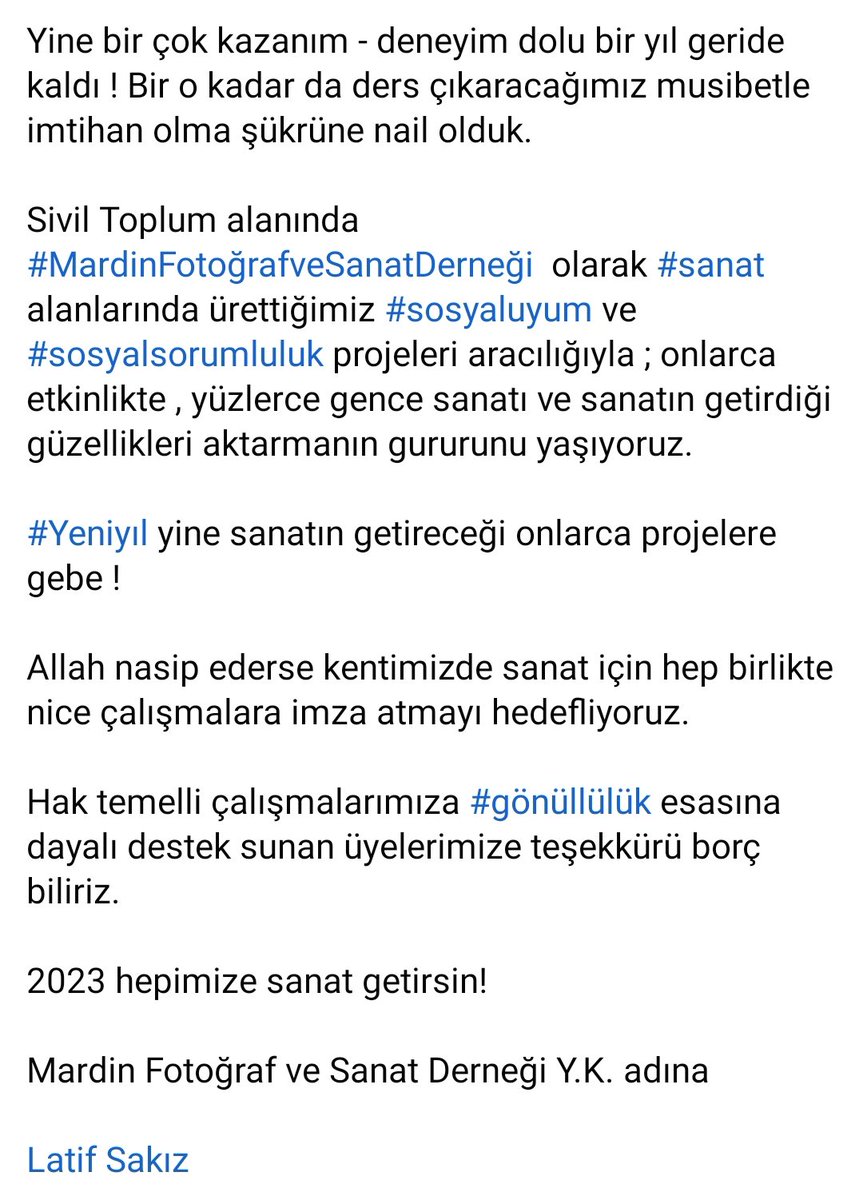 latif_sakiz's tweet photo. #MardinFotoğrafveSanatDerneği #Sanat #MardinSanat #SosyalUyum ve #SosyalSorumluluk #mfsd47
#YeniYıl #Gönüllülük #mfsd
#2023 hepimize sanat getirsin!
@MFSD47 https://t.co/gDBxVf9LoR