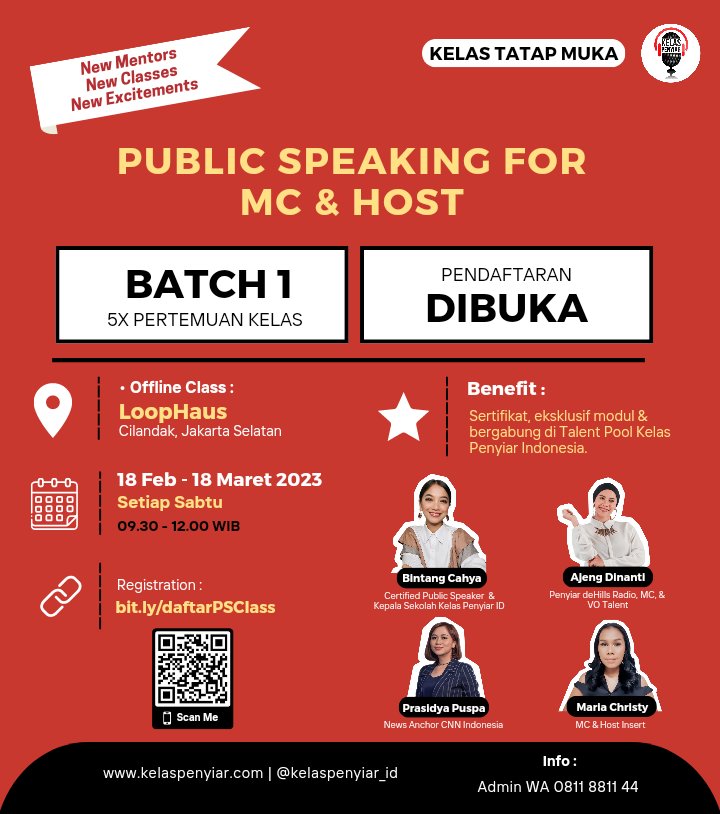 kelaspenyiar_ID's tweet photo. Bukan cuma wajah aja yg makin glowing di 2023, tapi jgn lupa skill kamu juga😁
Ada 2 program yg hadir nih di 2023. New & Improved Syllabus #BroadcastingAdvancedClass Batch 27 & kelas TERBARU #PublicSpeakingClass Batch 1.
Yuk daftar sekarang! https://t.co/eNy5xWCvna