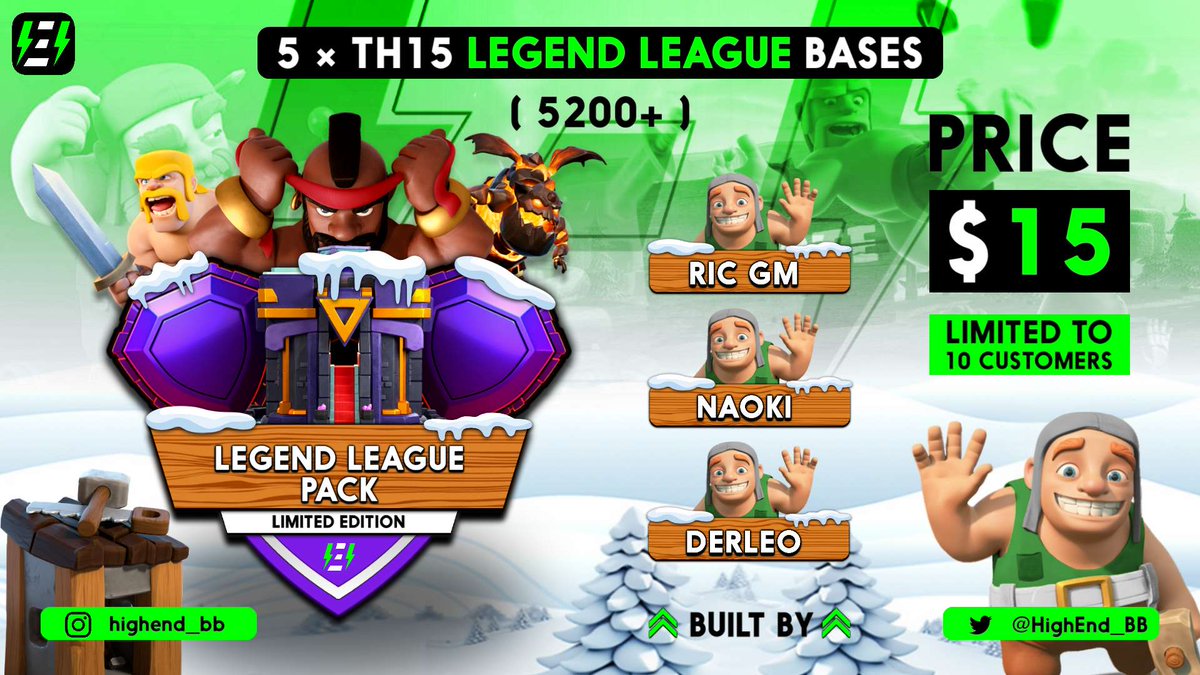 📢| Exclusive Legend League Base Pack

⚒️| Base Pack Contains: 5 Legend League Bases ( 5.2k+ )

⚔️| Built By: 
1️⃣ <a href="/der_le_o/">der_l_e_o</a>
2️⃣ @Vooxer2
3️⃣ <a href="/RicDic3/">RicDic GM</a>

💰| Base Pack Price: 15$
🚨| Exclusive To Only 10 Customers. 

To Order Dm or Join Our Discord Server.