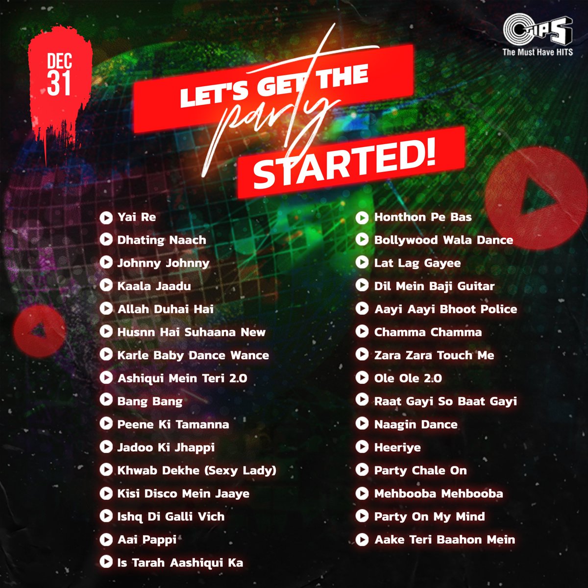 tipsofficial's tweet photo. It's #Party on your mind? Here's the perfect playlist of #TheMustHaveHits party tracks: https://t.co/6AKkYrU61A
#NewYear #HappyNewYear #PartyPlaylit #PartyTracks #Bollywood #Dance https://t.co/0zjfdc38yT