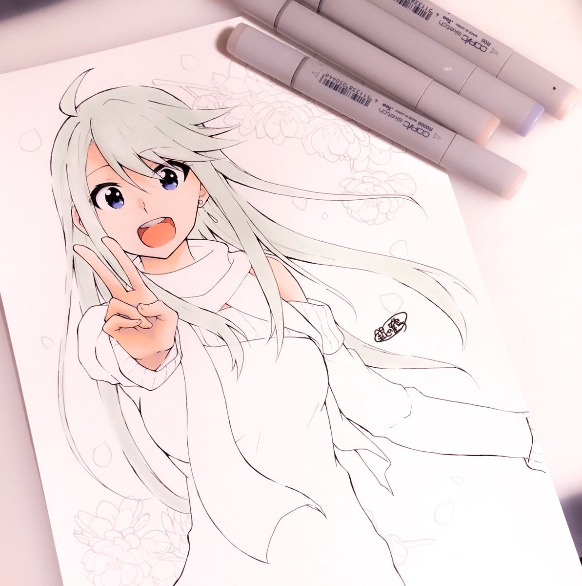 「とても珍しい青髪の恵美さんです(ただの下塗りなのでこの青色が徐々に茶髪になってい」|銀の鶴@パスタ会/あけぼの12のイラスト