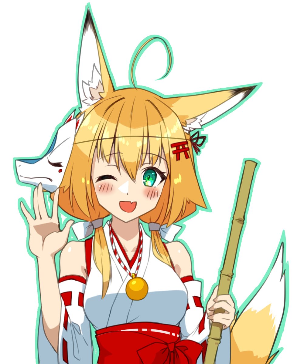 1girl animal ears fox ears japanese clothes one eye closed tail skin fang  illustration images