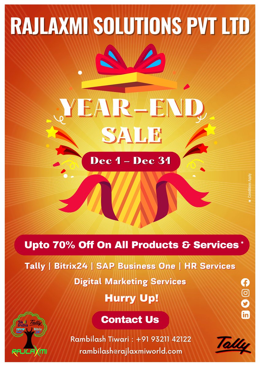 rajlaxmiworld's tweet photo. ๐ฉRSPL Year-End Sale 2022
๐ From Dec 1 - Dec 31
๐จ Get Upto 70% Off On All Product & Services
#newyearsale #newyearoffer #OfferSale #CloudOffer #RSPL #bitrix24northstar #SAPBusinessOne #TallyOnCloud #TallyAMC #TallyCustomization
#YearEndSale #bitrix #bitrix24 #bitrix24crm https://t.co/3sBkKqLzKT