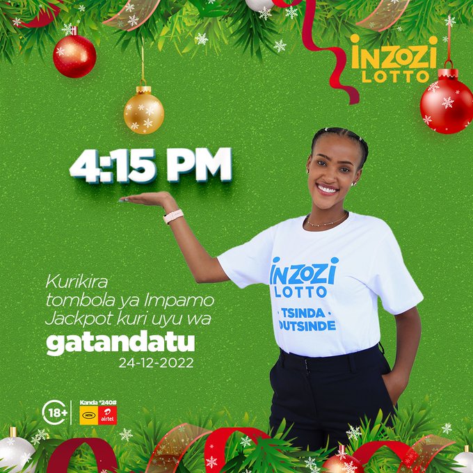 inzozilotto's tweet photo. Tombola ya #ImpamoJackpot iraba uyu munsi saa 4h15 kuri @RwandaTV

Kina IMPAMO Jackpot, ubone amahirwe yo gutsindira jackpot ya 15,000,000frw maze uryoherwe ni bihe n'ubunani!

Sura https://t.co/j6cNabHqDV cg ukande *240# ukine.

#TsindaDutsinde #InzoziLotto https://t.co/unEvzB4Kv1