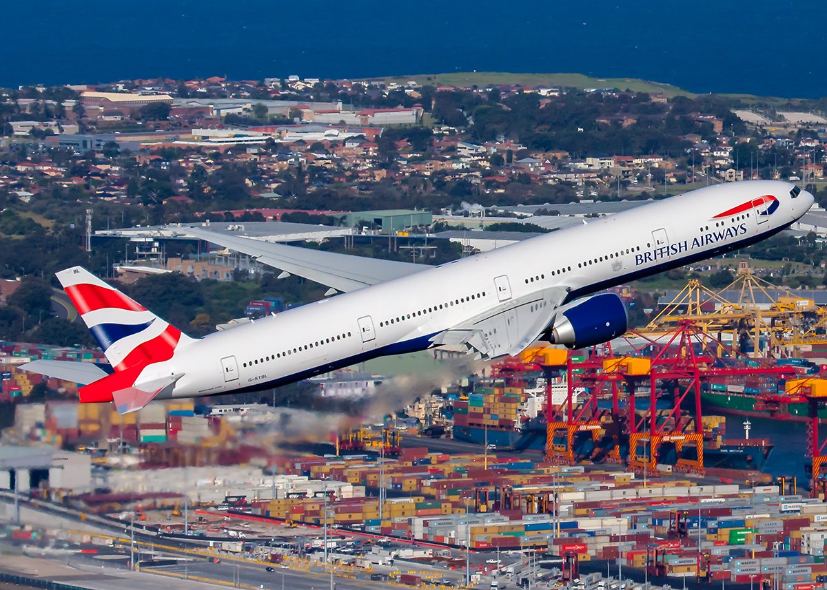 Biggles787's tweet photo. From my archive with @British_Airways
#Boeing 777-336/ER G-STBL operating flight #BA10 powering past Port Botany after departing #16R at #SYD on 1 October 2014. #aviationlovers https://t.co/tfGsdCtBmK