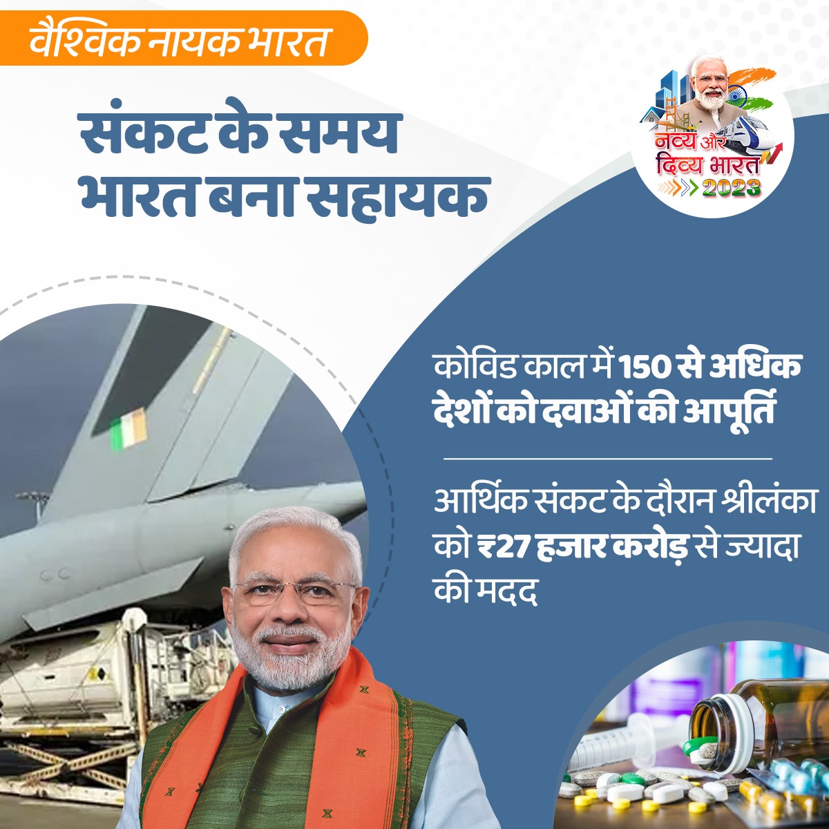 BJP4MP's tweet photo. संकट के समय सहायक बना भारत।

कोरोना महामारी के दौरान 150 देशों को दवाओं की आपूर्ति की गई।

आर्थिक संकट से जूझ रहे श्रीलंका को ₹27 हजार करोड़ से अधिक की मदद दी गई।

#VaishvikNayakBharat https://t.co/JefCSC2TDC