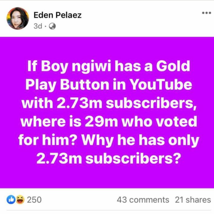 Isa na namang alagad ni madumb ang lutang. Obob hahahah. Di lahat ng 31M e may Youtube! T@nga! Bago ka kumuda, i check mo muna ang YT ni lenlen, di pa naka 1M hahahahaah

#edenpelaez
