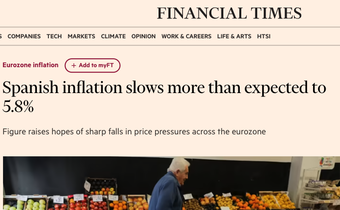 1. Portada del Financial Times: la inflación en España cae más de lo previsto.

Señalan que es un buen camino para Europa que incluso podría poner fin a las subidas de tipos.

Pero el éxito español se debe a haber limitado el precio del gas, lo más efectivo contra la inflación 🧵