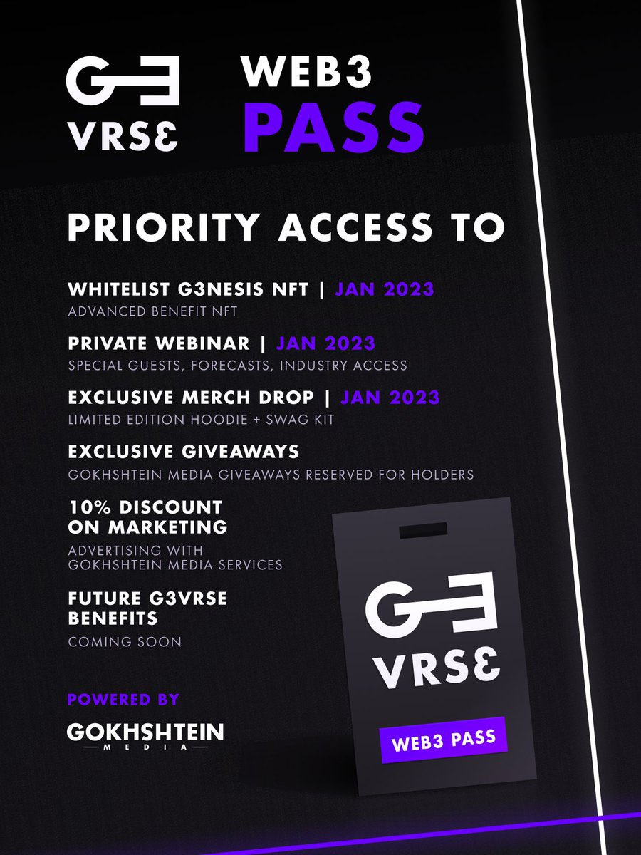 davidgokhshtein's tweet photo. For G3 Mint Pass Holders only. 

I’m giving $100 in $BTC to one G3Vrse Pass Holder! 🎉

To Be Eligible:
💜 Like / RT / Follow / G3 Pass Holder
💎 Mint Your G3Vrse Pass 
👉 https://t.co/h0wxQVvMhQ https://t.co/bZfS4jU5sA