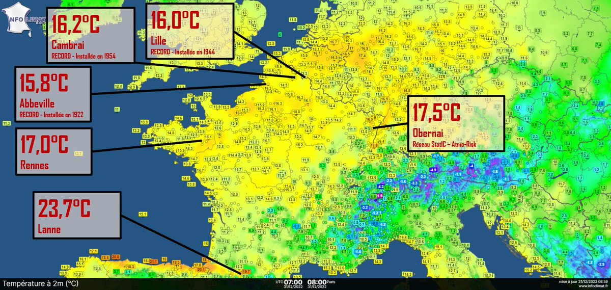 Nous vivons l'un des épisodes climatiques 🇫🇷 des plus incroyables ! Des dizaines de record de chaleur mensuels (de parfois plus de 100 ans) ont été battu en pleine nuit, je répète EN PLEINE NUIT, en 🇪🇺.
Ce MATIN de DECEMBRE, 23,7°C au pied des Pyrénées &amp; 15-17°C dans le nord.