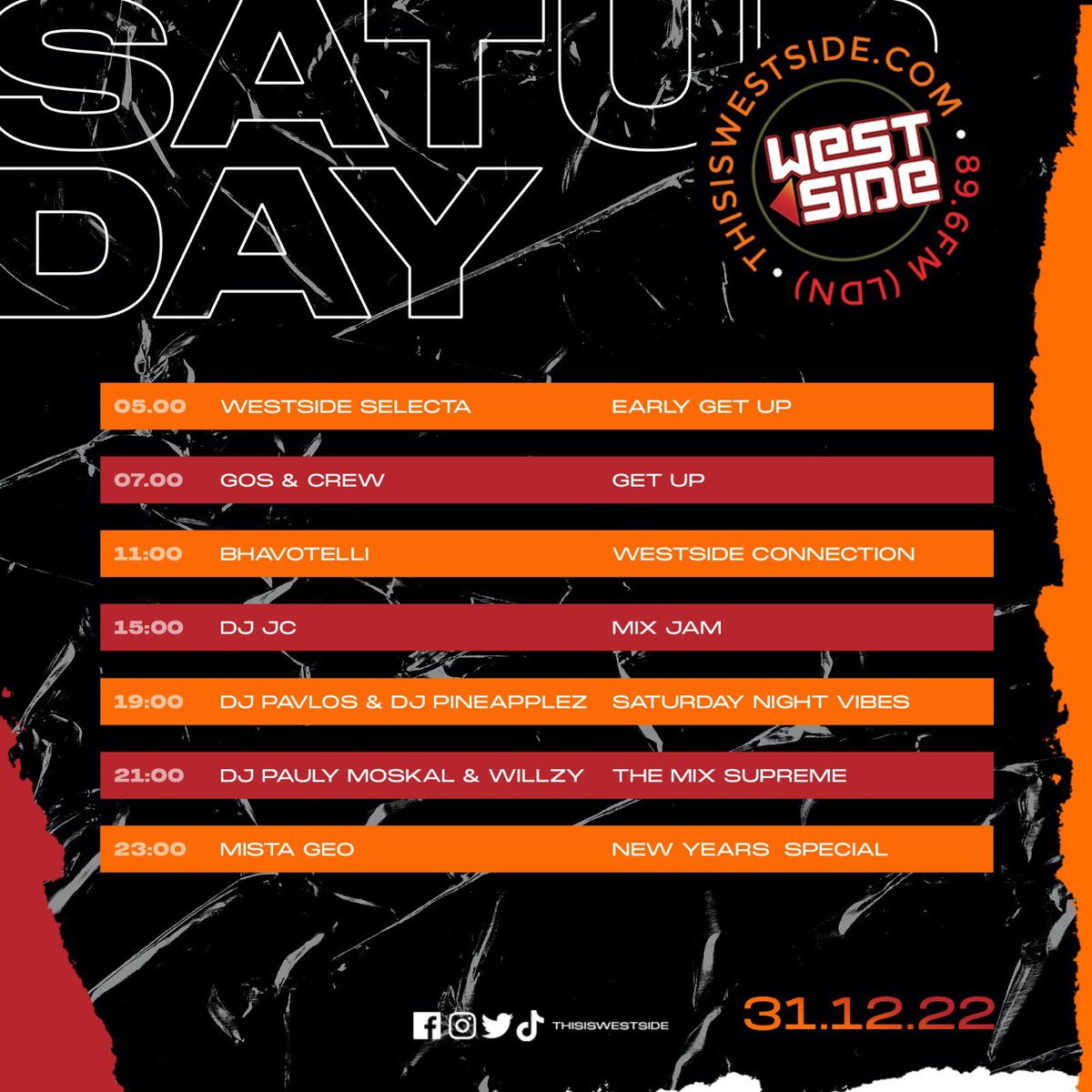 SATURDAY 31.12.22 🎉 

7-11 <a href="/GosAndCrew/">Gos</a> <a href="/JemmaMcCarthy_/">Jemma McCarthy</a>  

11-3 <a href="/bhavotelli/">BHAVOTELLI</a> 

3-7 <a href="/DJJCLDN/">DJ JC</a> 

7-9 <a href="/DJPineapplez/">Dj Pineapplez</a> <a href="/realdjpavlos/">PAVLOS</a> 

9-11 <a href="/djpaulymoskal/">djpaulymoskal</a> <a href="/KalexWzy/">Kalex // Willzy</a>  

11-1 @MistaGeo_