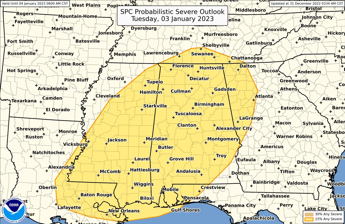 An Enhanced risk for severe thunderstorms, including strong tornadoes, is in place across portions of the Arklatex region on Monday, with a severe threat (including tornadoes) expected to continue across the Southeast on Tuesday. Details available at spc.noaa.gov/products/outlo…