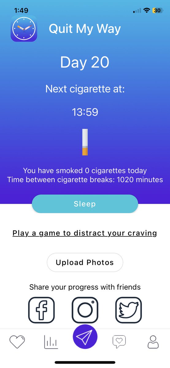 QuitMyWayApp's tweet image. If you started using this app 20 days ago, you would be down to your last cigarette today.  Just in time for the New Year! 🎉🎉🎉
#Tobacco #quitsmoking
#Smokingcessation
#Nicotine 
#NewYearResolution 
#HappyNewYear #HappyNewYear2023