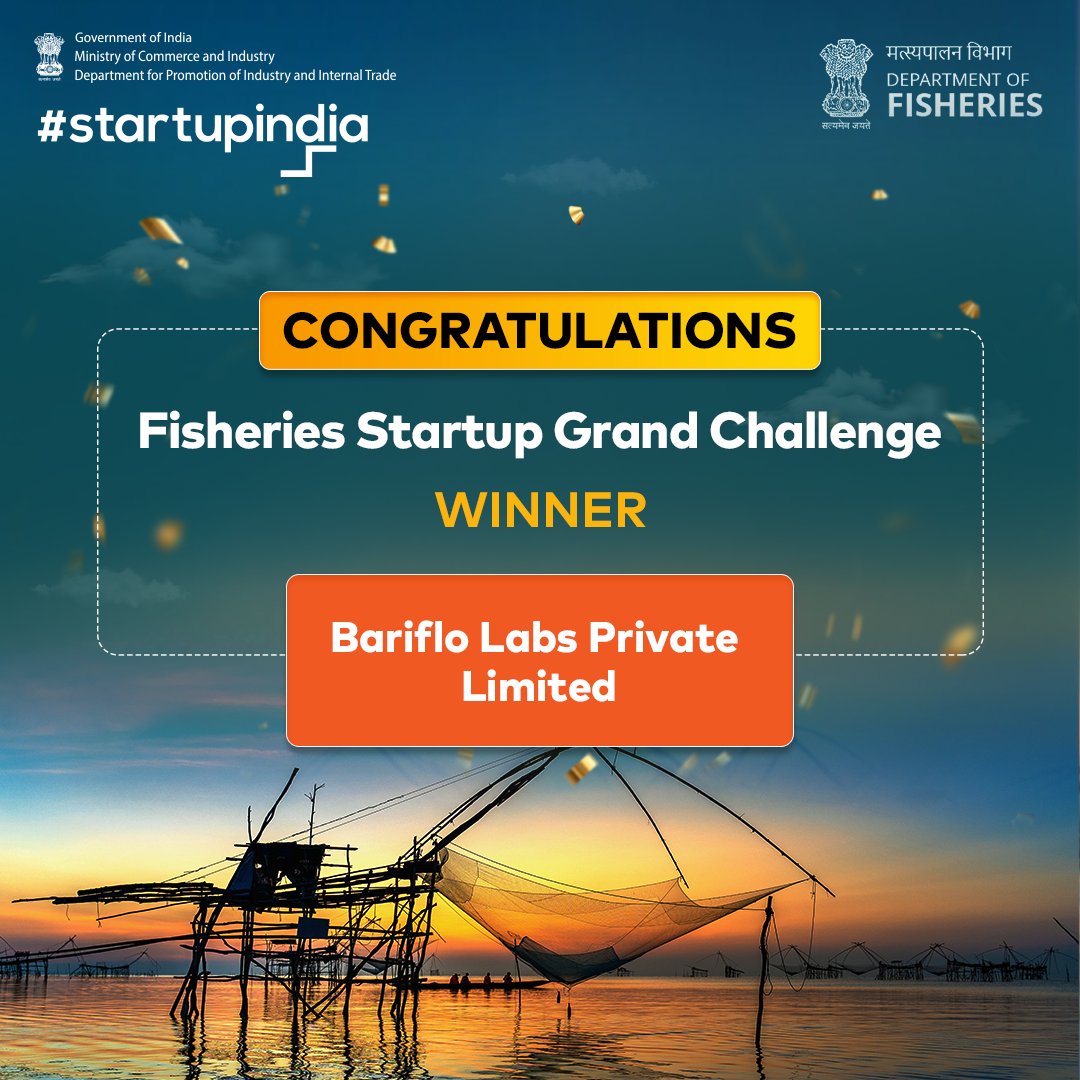 startupindia's tweet photo. Congratulations to Bariflo Labs Private Limited on winning the #FisheriesStartupGrand Challenge for enhancing the quality of fisheries and aquaculture ecosystem in India. 

#StartupIndia #Winners #Fisheries #Aquacuture #FisheriesChallenge

@FisheriesGoI https://t.co/3BrPRplinX