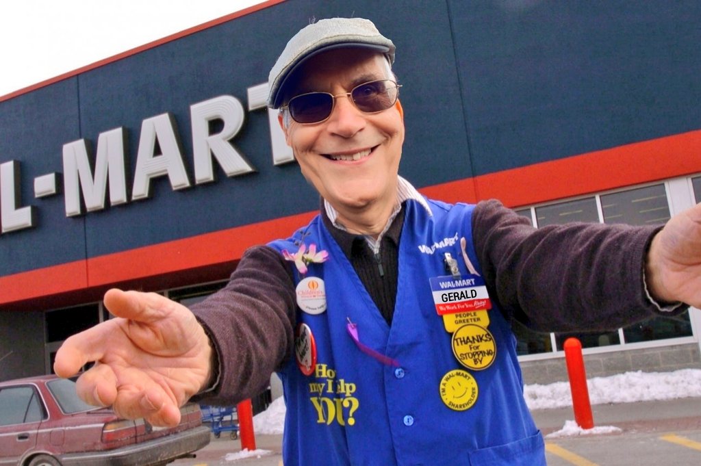 DawnTJ90's tweet photo. Congrats on your new career @GeraldKutney
#WalmartGreeter
#ExSulphurChemist https://t.co/qgKLJH2L2T