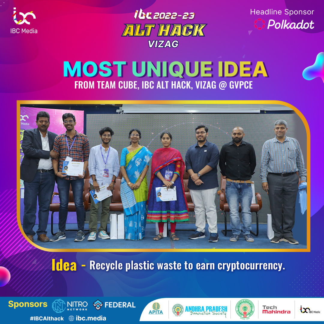 IBCMedia_'s tweet photo. Trash isn't just trash anymore”😃
Congratulations to @BinduTenneti, @B_Sai_Karthik Srikara Prabhas for presenting the Most Unique Idea 🏆
“Promoting responsibility to recycle plastic waste by rewarding cryptocurrency in return”
#blockchain #web3 #ibchackfest #ibcalthack #ibc2022 https://t.co/M42oxogQKC