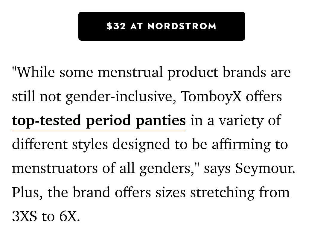AConcernedPare2's tweet photo. Good Housekeeping listed "gender-inclusive" period panties as one of their favorite products for 2022.
"TomboyX offers a variety of styles designed to be affirming to menstruators of all genders"
🥴 https://t.co/geUOzMS9a2