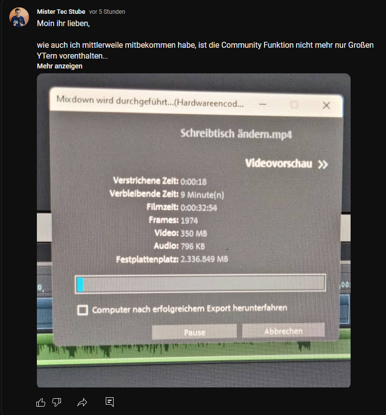 MisterTecStube's tweet photo. Moin Ihr lieben
ich habe heute morgen auf YT verkündet, das ich bis in die Nacht ca 1 Uhr morgens Investiert habe, damit Ihr das angekündigte Video bekommen könnt, jetzt setze ich mich gleich an die Feinarbeiten ran &amp; dann erscheint heute als Jahresabschluss das Video um 17 Uhr https://t.co/z98gg0Yhpg