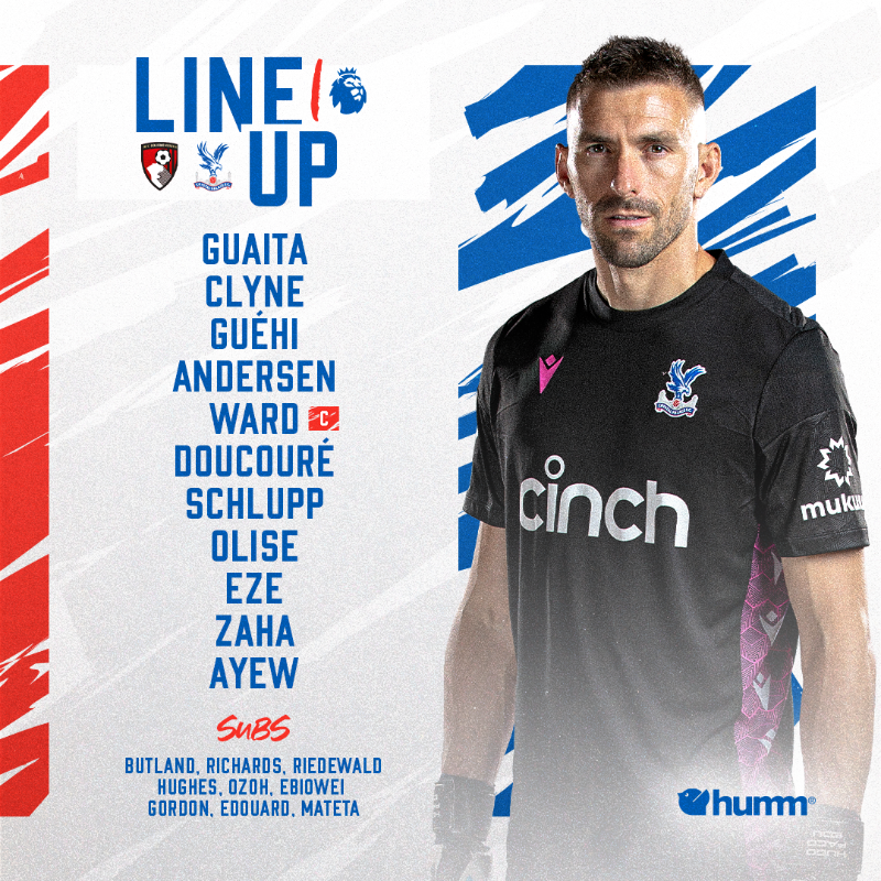 CPFC's tweet photo. Our starting XI to take on Bournemouth 🗒

@shophumm 📲

#CPFC | #BOUCRY
