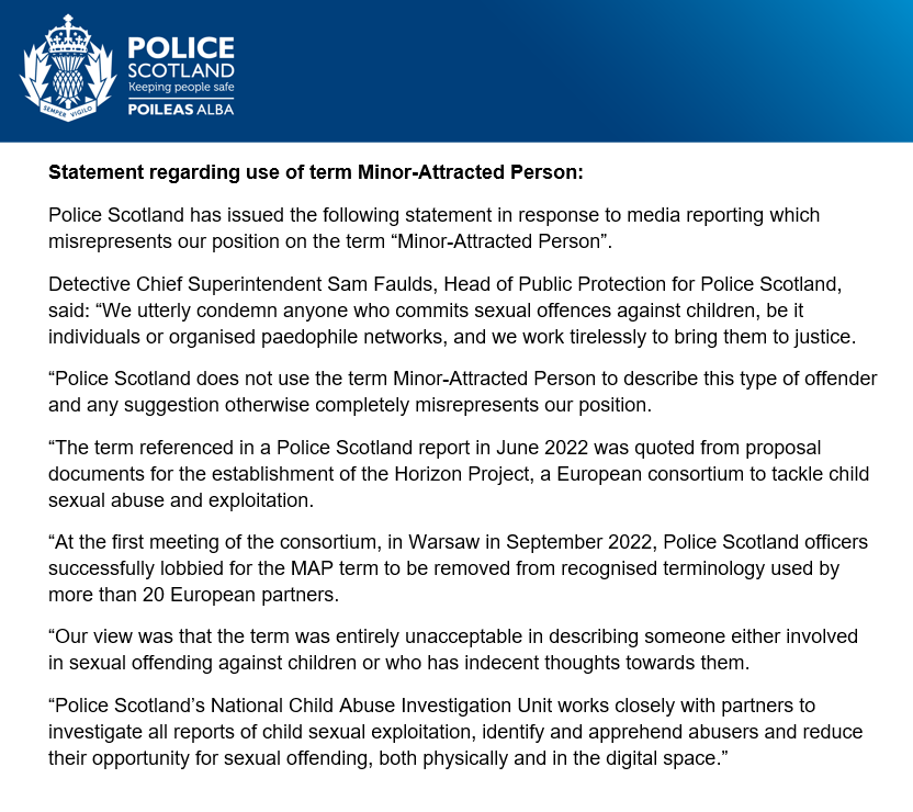 PoliceScotland's tweet photo. Statement regarding use of term Minor-Attracted Persons: 

Click here: https://t.co/jf1mQFuKu7 https://t.co/jUTZGkAOiK