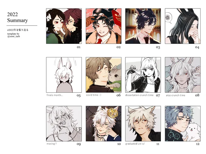 2022 the busiest and most hectic year i've had so far o(-&lt; . ..  i graduated uni (again) after 5 years of studying lol masters course sure is something. . .. .

everything i drew were ffxiv stuff LOL

i hope to draw more ocs and get into my personal projects next year...!! 