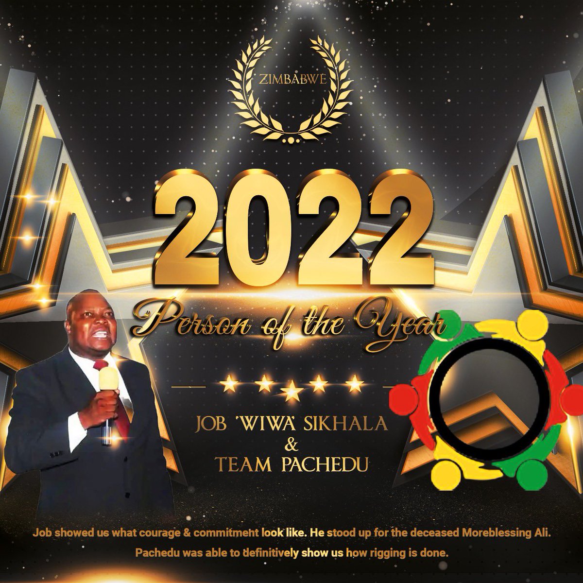 daddyhope's tweet photo. The 2022 Person of the Year Award goes to political prisoner @JobSikhala1 and the group @PacheduZW

Job showed us what courage &amp; commitment look like as he stood up for the deceased Moreblessing Ali.

Pachedu was able to definitively show us how rigging is done.
Congratulations👏🏿 https://t.co/N6x446b00i