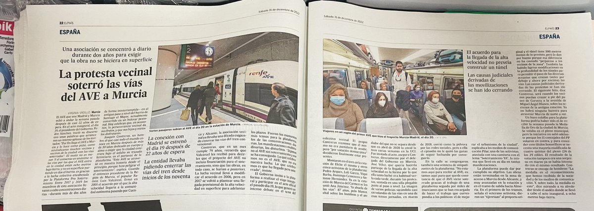 SoterramientoMu's tweet photo. Hoy último día de 2022 toda España a nivel nacional a través de El País puede leer nuestra proeza ,la vuestra .

Ya hemos soterrado el AVE ,ahora llegaremos hasta Nonduermas.

Feliz año nuevo y a seguir . https://t.co/qXITpIegY7