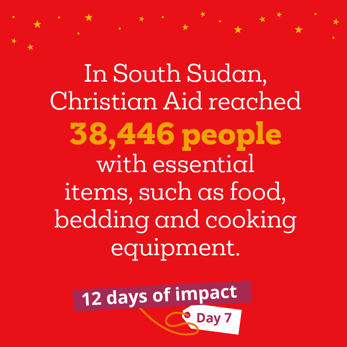 RT: 7️⃣ 12 Days of Impact: Day 7 
 
🙌 In South Sudan, Christian Aid reached 38,446 people with essential items, such as food, bedding and cooking equipment. 
 
#12DaysOfImpact