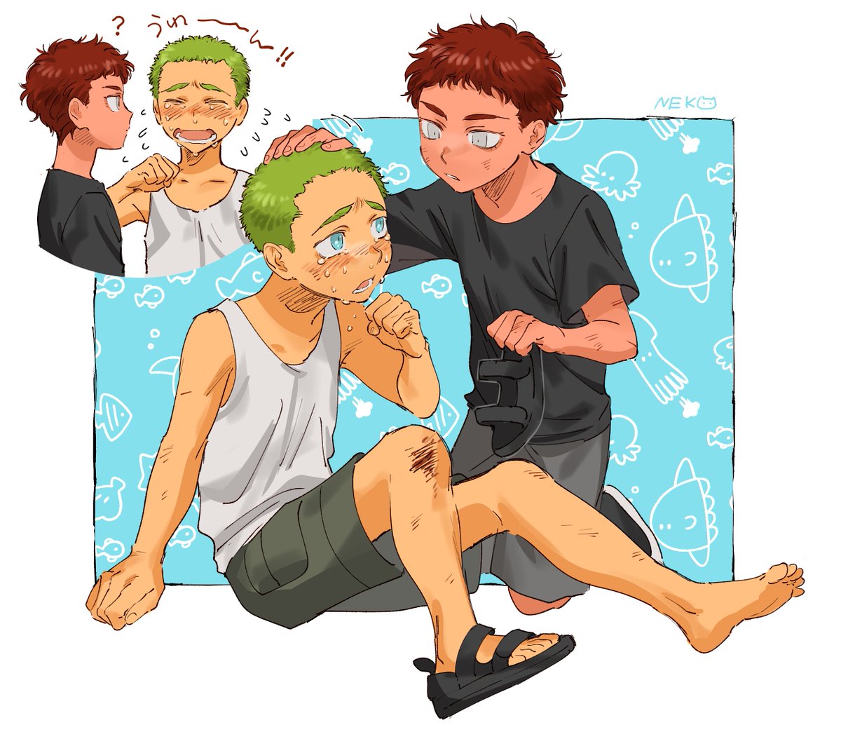 multiple boys male focus shorts 2boys green hair tank top blue eyes  illustration images
