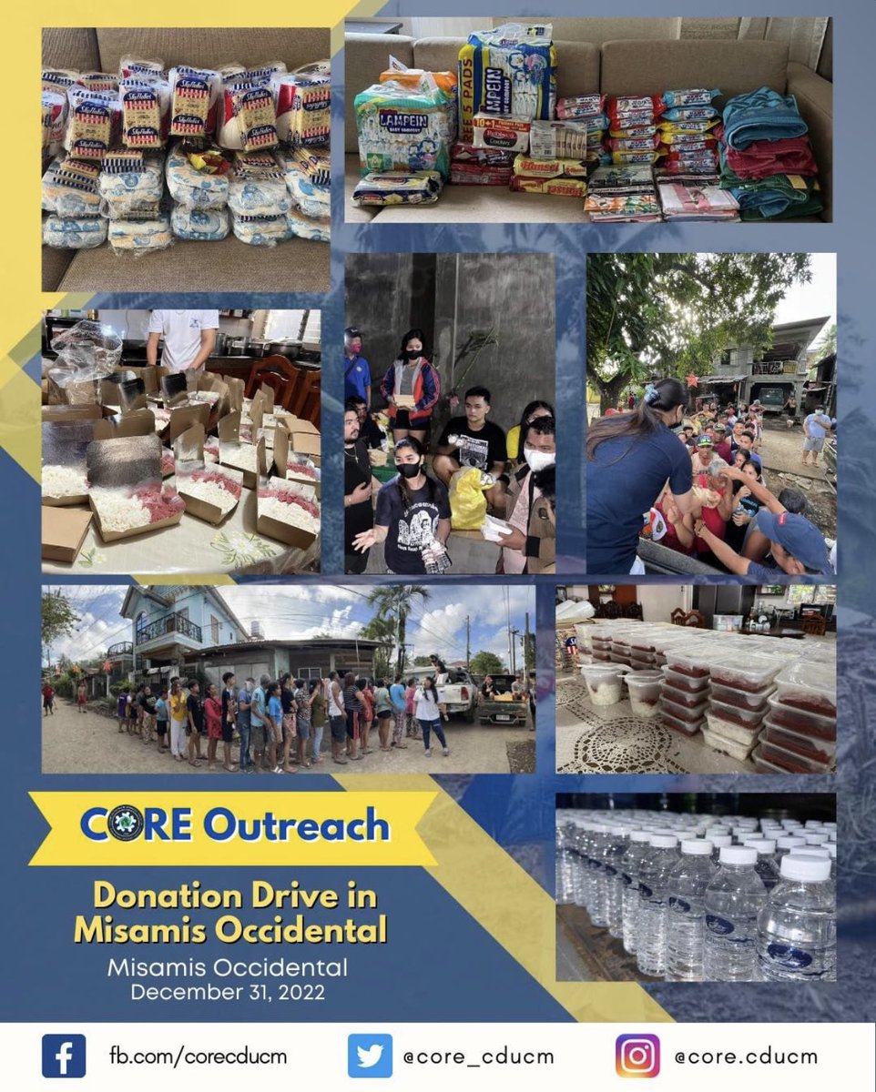 core_cducm's tweet photo. #AtOurCORE we are Compassionate

CORE Outreach: Misamis Occidental

Last December 24, 2022, Misamis Occidental was hit by heavy rains causing flood and landslide that displaced our fellow citizens. With this, CORE conducted a donation drive for the affected families. 💙 https://t.co/AAuFtYVcbo
