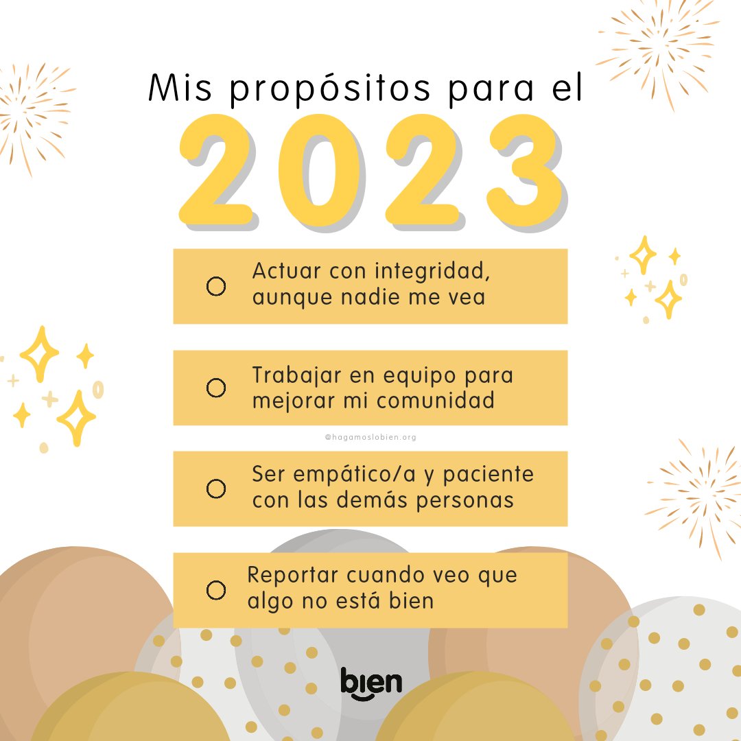 ¡Felicidades, lo hiciste muy bien este año! 👏

Muchas gracias por ser parte de nuestro 2022 💜. 

Para comenzar bien el 2023 te compartimos algunas ideas que puedes incluir en tus propósitos de #AñoNuevo 😉.

¡Nos vemos en 2023 para seguir trabajando juntos por un mejor país!