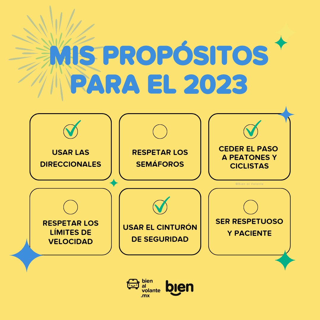 Muchas gracias por ser parte de nuestro 2022 🚙. 

Para comenzar bien el 2023 te compartimos algunas ideas que puedes incluir en tus propósitos de #AñoNuevo 😉.

¡Nos vemos en 2023 para seguir construyendo juntos una cultura vial y salvar vidas!