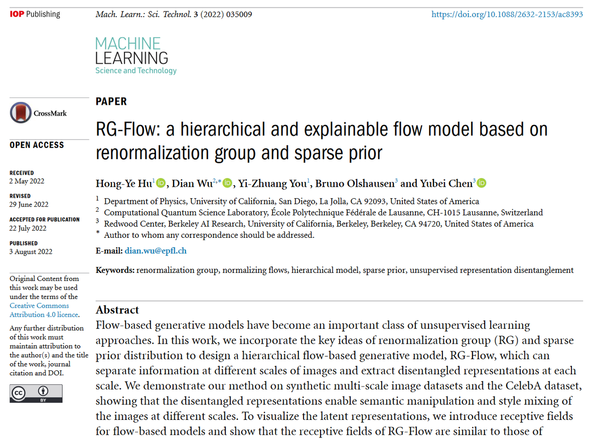 MLSTjournal's tweet photo. 'RG-Flow: a hierarchical and explainable #flow model based on #renormalization group and sparse prior' by @HongYeHu1 @Yubei_Chen Dian Wu, Yi-Zhuang You, Bruno Olshausen @Redwood_Neuro @berkeley_ai @cqs_lab hits 1500 downloads! https://t.co/HAEcqJ5098 #machinelearning #AI #imaging https://t.co/63JaXfDM3T