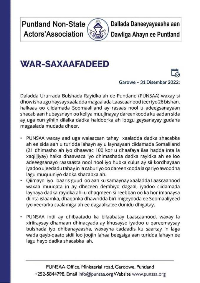 GaroweOnline's tweet photo. Puntland's umbrella of civil society organizations "PUNSAA" accused Somaliland of committing war crimes in Lasanood, saying that 21 people were killed and more than 100 people were injured. #Somalia https://t.co/WUn91eve0f