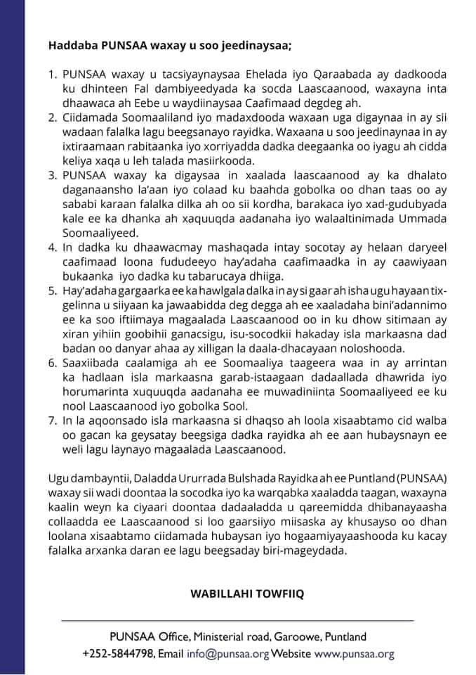 GaroweOnline's tweet photo. Puntland's umbrella of civil society organizations "PUNSAA" accused Somaliland of committing war crimes in Lasanood, saying that 21 people were killed and more than 100 people were injured. #Somalia https://t.co/WUn91eve0f