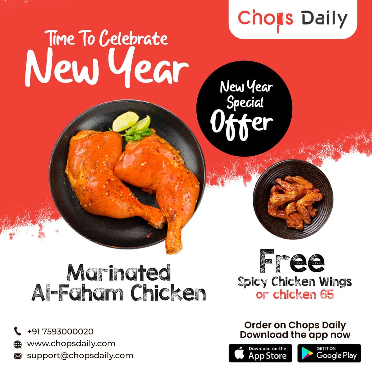 chopsdaily's tweet photo. How about a yummy healthy treat to feast on this New Year? As part of our New Year Special Offer, order Marinated Al Faham Chicken  with free Spicy Hot Chicken Wings or chicken 65 for an attractive price. Download Chops Daily app now.

https://t.co/paz9BJ9gkK https://t.co/l0MU6qLulL
