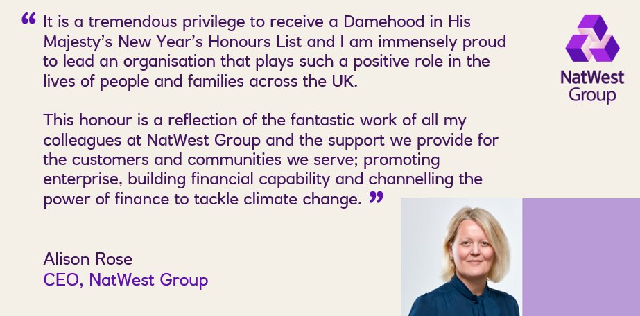 NatWestGroup's tweet photo. Our CEO, Alison Rose, has been awarded a DBE in recognition of her services to financial services: https://t.co/NW2aGyKgkf