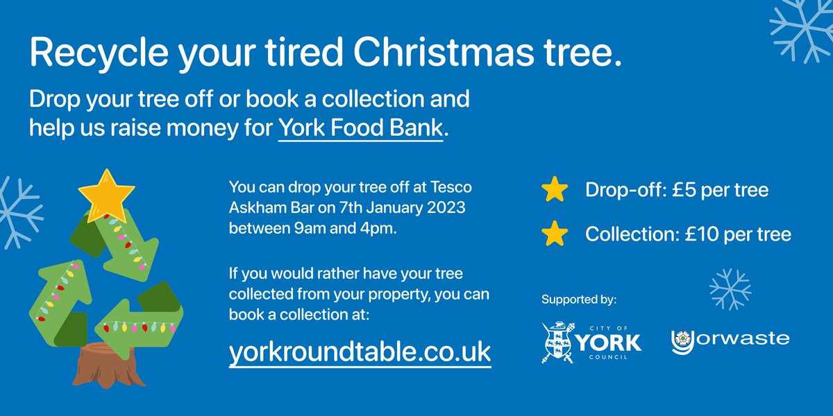 🌲 COLLECTIONS FULLY BOOKED 🌲 

We’re now fully booked for collections, but you can still drop your tree off at Tesco Askham Bar on 7th January for a donation of £5. All the money raised will be going to <a href="/YorkFoodbank/">York Foodbank</a>.

#york #recycle #charity #roundtable