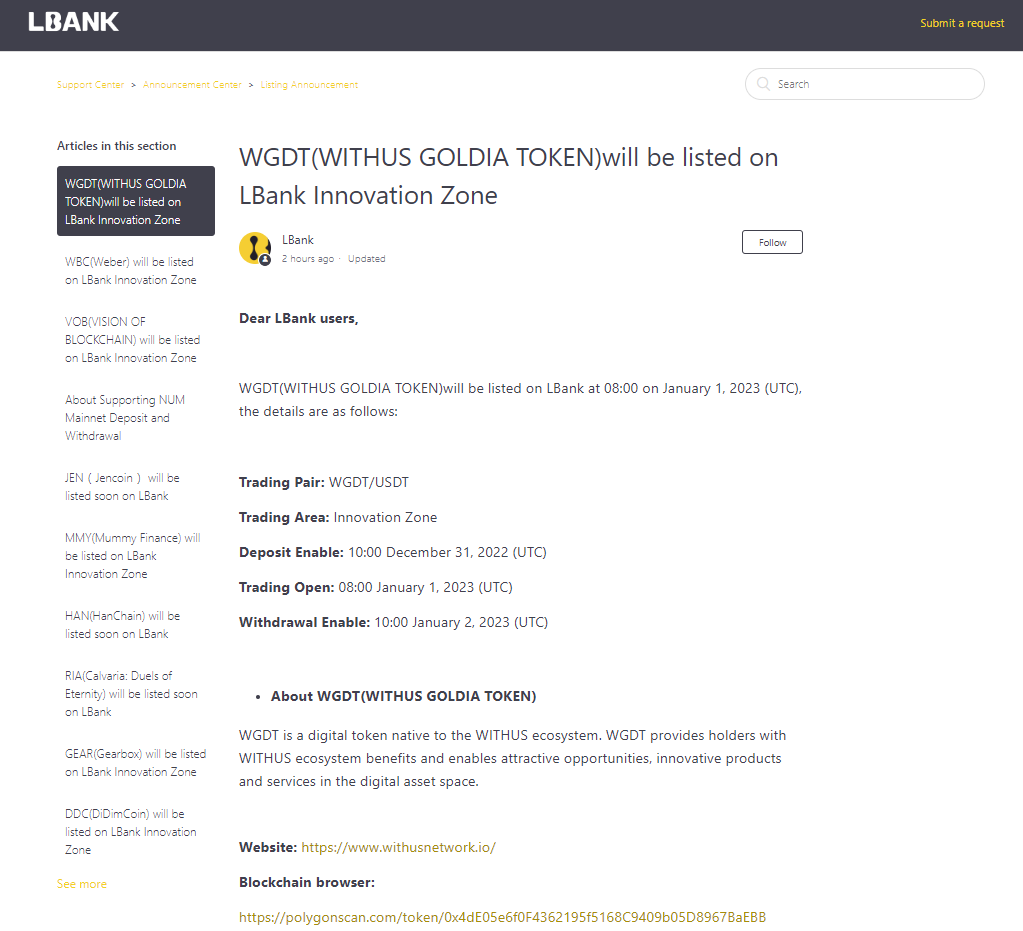 official_WGD's tweet photo. Congrats! 😃WGDT(WITHUS GOLDIA TOKEN)will be listed on LBank Innovation Zone! ✨

There is new Web 3.0 horizon started with WGDT! ✨ 

Announcement : https://t.co/3g8eXdXwjq https://t.co/ZPyQciiH3K