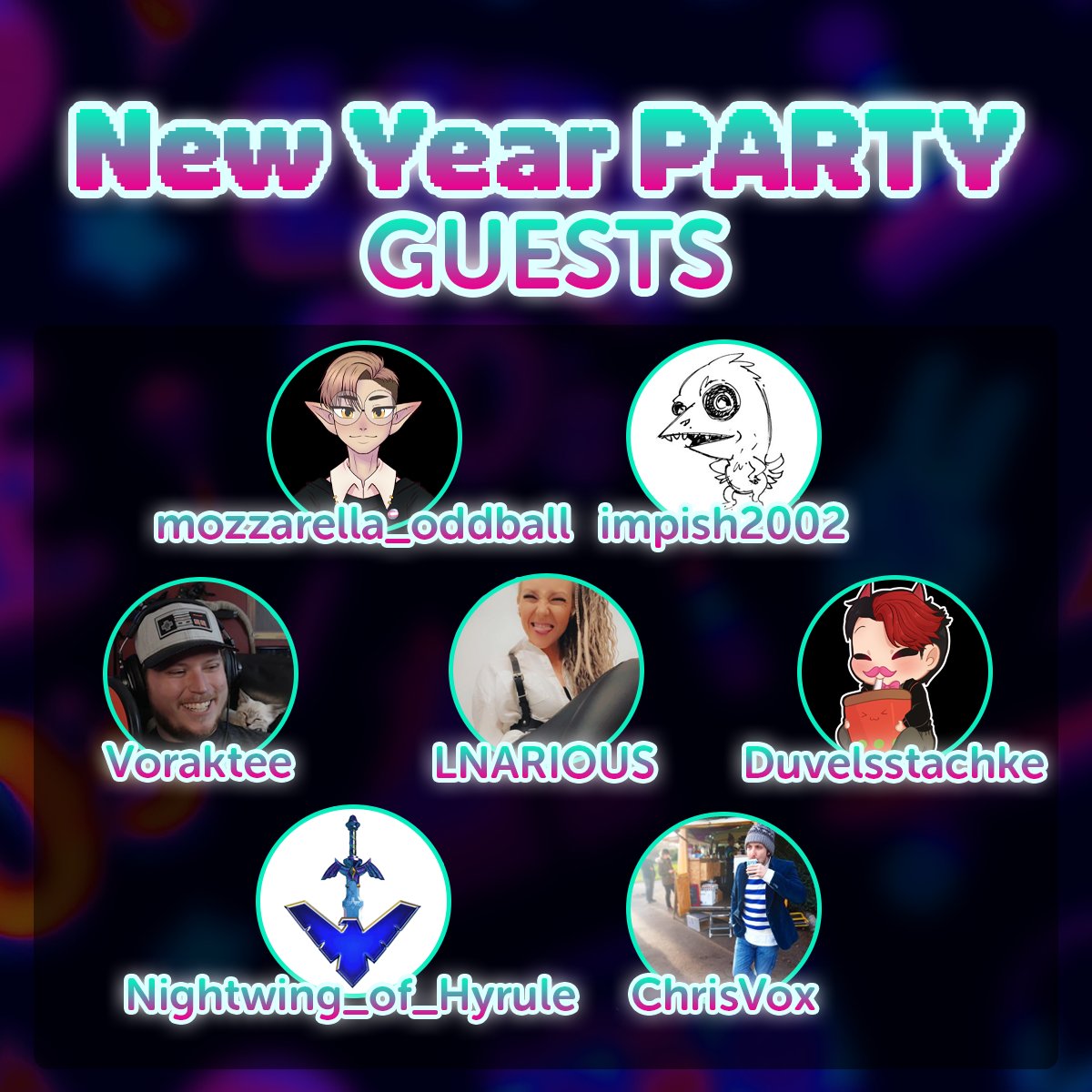 HereBeCush's tweet photo. ✨NYE GUESTS REVEAL ✨

I am INCREDIBLY excited to welcome these wonderful folk onto the NYE stream in ONE HOUR from now!

Absolutely humbled that so many amazing people will be joining me 🤩

@lnarious @voraktee @QuillnCoffee @Bealiedrummer @Duvelsstachke @aureus2002 https://t.co/qlx4O9epGW