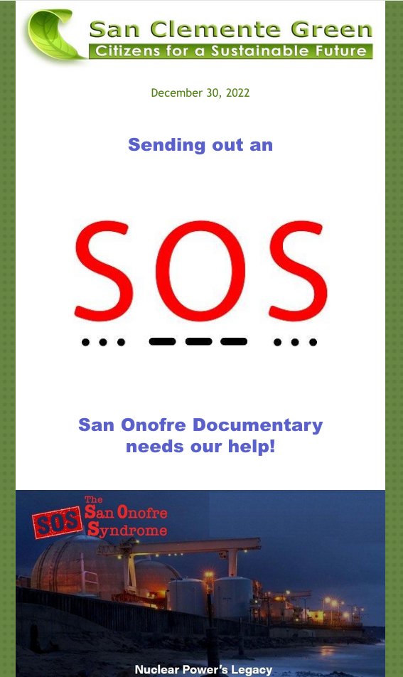 SENDING OUT AN S.O.S.! @SanOnofreFilm needs our help! We are excited to promote @eonnewsnet's nearly finished documentary  #NuclearPowersLegacy featuring #SanOnofreSyndrome as an example for others to learn  DETAILS NoNukesCA.net  nonukesca.net/were-sending-o…