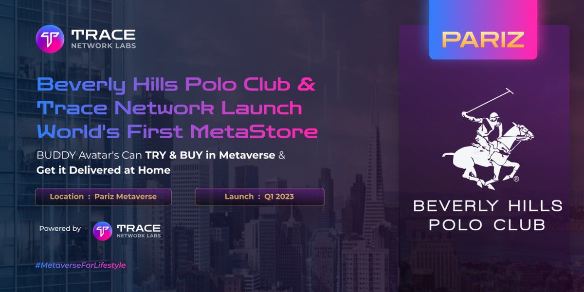 trace_network's tweet photo. ⚡BREAKING⚡

"Shop in METAVERSE, Get it Delivered HOME"

.@bhpcindia &amp; @trace_network launch World's 1st &amp; Exclusive MetaStore in @ParizMetaverse..  

This means #BUDDYs can TRY &amp; BUY #BHPC clothing &amp; get it delivered to their home   

Coming up in Q1'23

#MetaverseForLifestyle https://t.co/aX2J9X6Lny