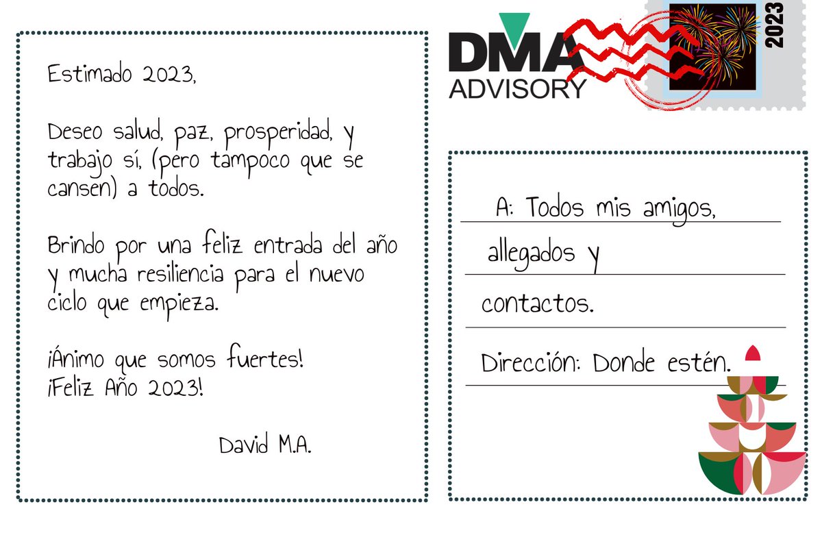 DMAAdvisory's tweet photo. Has llegado a culminar este 2022 ¡¡Estás aquí!! 😀

Deseo que lo que no has conseguido (pero sí aprendido), te sirva para hacerlo mejor el próximo año. Te deseo rutas y capacidad para cambiarlas rápido cuando haga falta.

Te deseamos un #Feliz2023! ✨ 🎇 https://t.co/uDoVPfN729